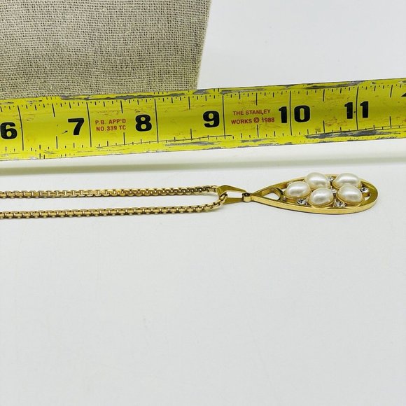 Faux Pearl Teardrop Charm Necklace Gold Tone Rhinestones Nature Garden Trees - Picture 7 of 7